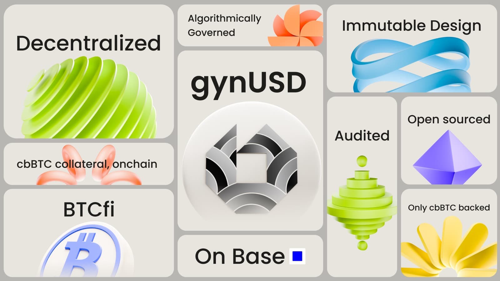 gynUSD at a glance: decentralized, algorithmically governed, immutable, audited, open sourced, only cbBTC backed, on Base
